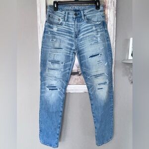 American Eagle Distressed Patched AirFlex+ Athletic Jeans 29 X 30 Fade & Whisk